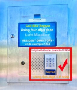 A blue and white sign with instructions for using the code.