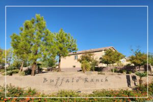 A sign that says buffalo ranch in front of some trees.