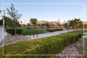 A park with bushes and trees in the background.